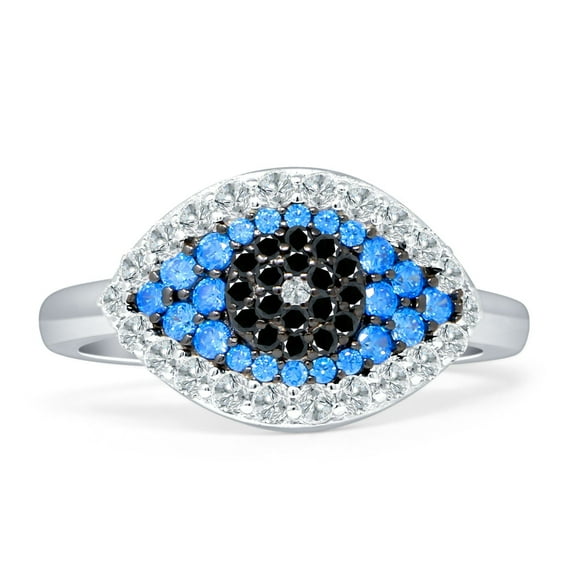 Two Tone Evil Eye Ring Blue & Black Cubic Zirconia 925 Sterling Silver Size 5