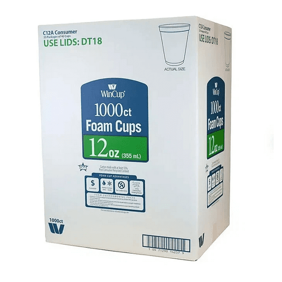 WinCup Foam Drink Cups, White, 12 Ounce (1,000 Count) FREE ONEDAYY SHIPPP!!!!