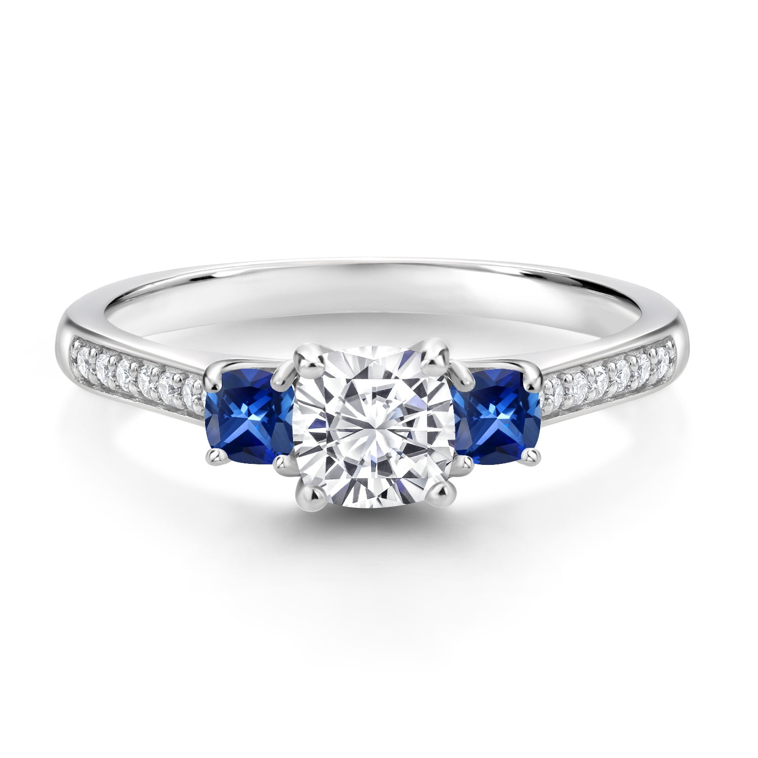 Gem Stone King White Moissanite and Blue Created Sapphire 3-Stone Engagement Ring for Women | 925 Silver | 0.96 Cttw | 3MM and 5MM Cushion | Three Stone Wedding Anniversary Ring for Women | Size 7