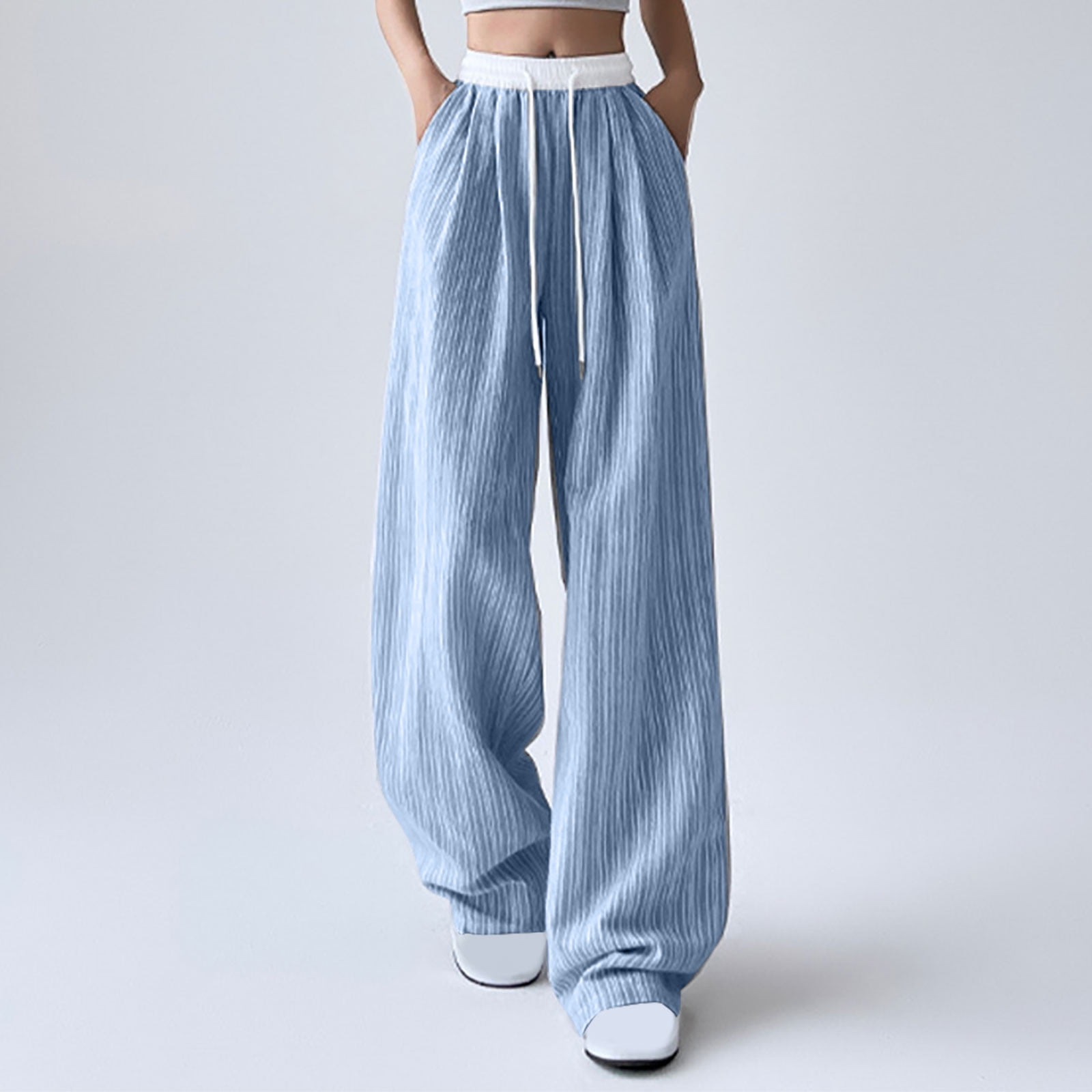 High waisted blue striped pants deals