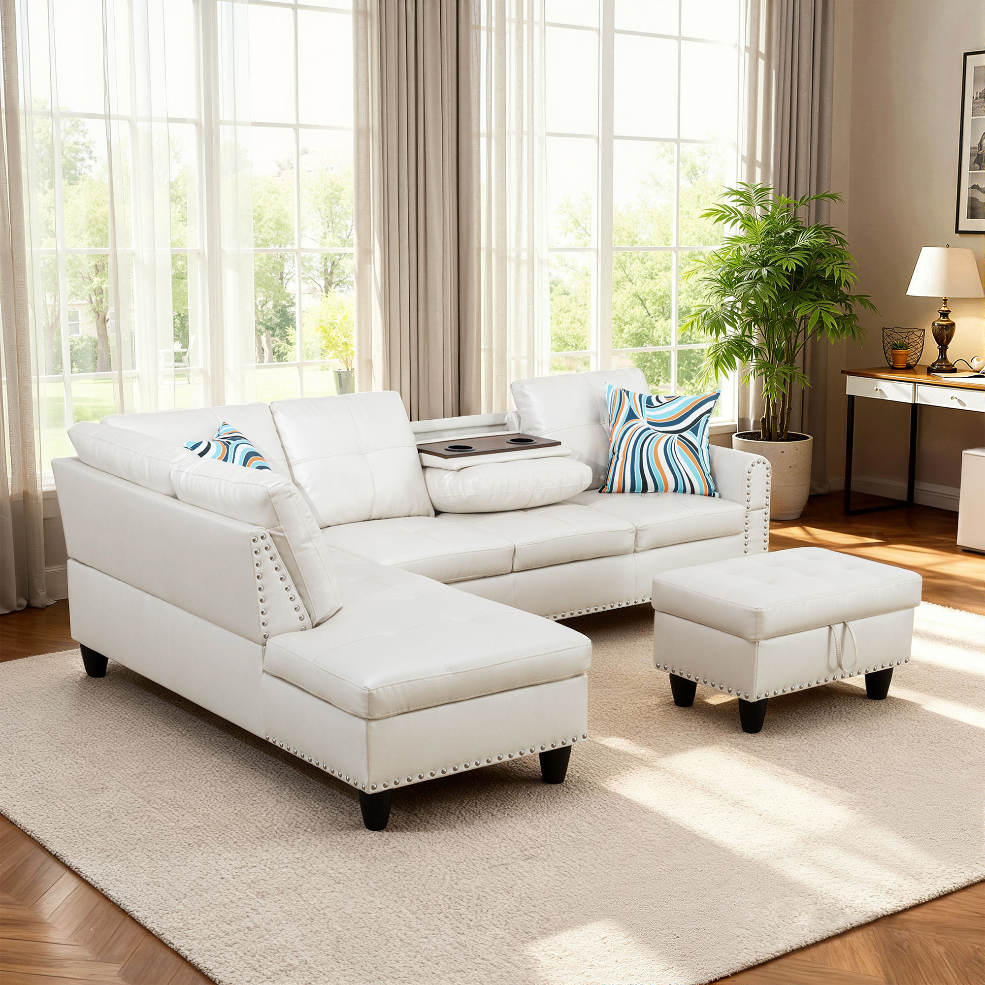 MAYEERTY 97.5" Faux Leather Sectional Sofa, 3-Piece Modular Couch Living Room Sofa Set with Ottoman, White (Left)