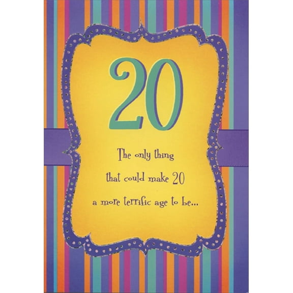 Designer Greetings Purple and Silver Foil Frame on Yellow Age 20 / 20th Birthday Card