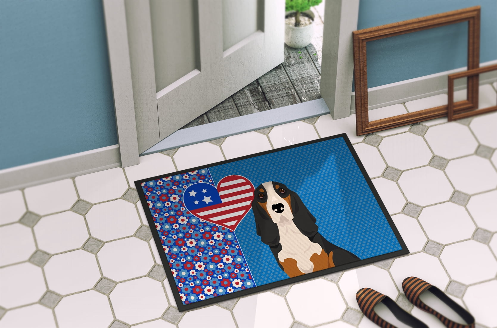 Black Tricolor Basset Hound Indoor or Outdoor Mat 24x36 36 in x 24 in