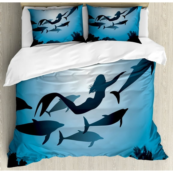 Underwater Duvet Cover Set, Mermaid and Dolphins Underwater View Travel Diving Fin Sea Life, Decorative 3 Piece Bedding Set with 2 Pillow Shams, King Size, Blue Black Petrol Blue, by Ambesonne