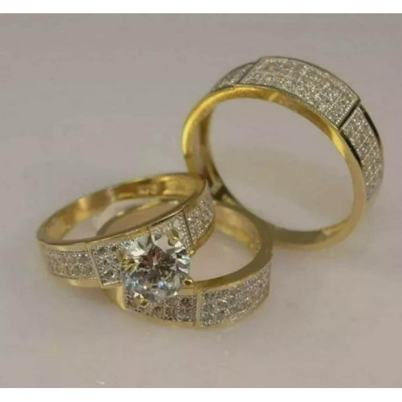 Hitanshu Jewels 3Pc His & Her Round Cut CZ Rings – Perfect Anniversary Gift for Wife or Husband