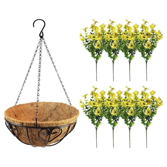 Heart-Shaped Hanging Planter with Coconut Coir Liner, Black Iron Plant Basket with 8 Pcs Yellow Artificial Fall Hanging Flowers, Faux Floral Outdoor Decor