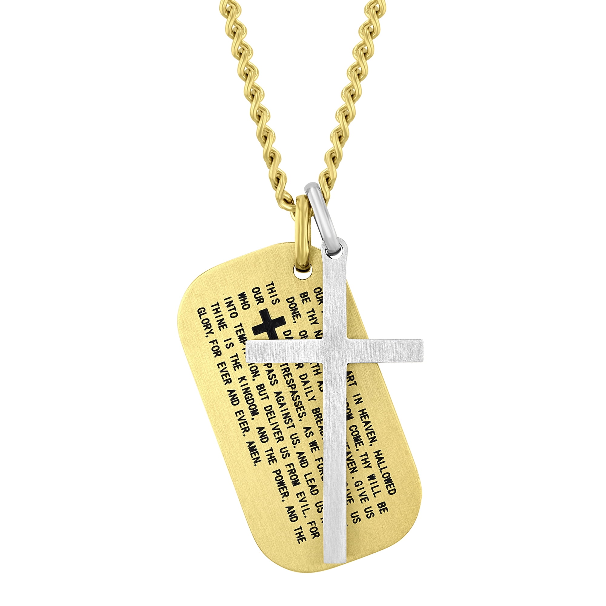 Believe by Brilliance Men's Stainless Steel Two-Tone Lord's Prayer Dog Tag and Silver-Tone Cross Pendant