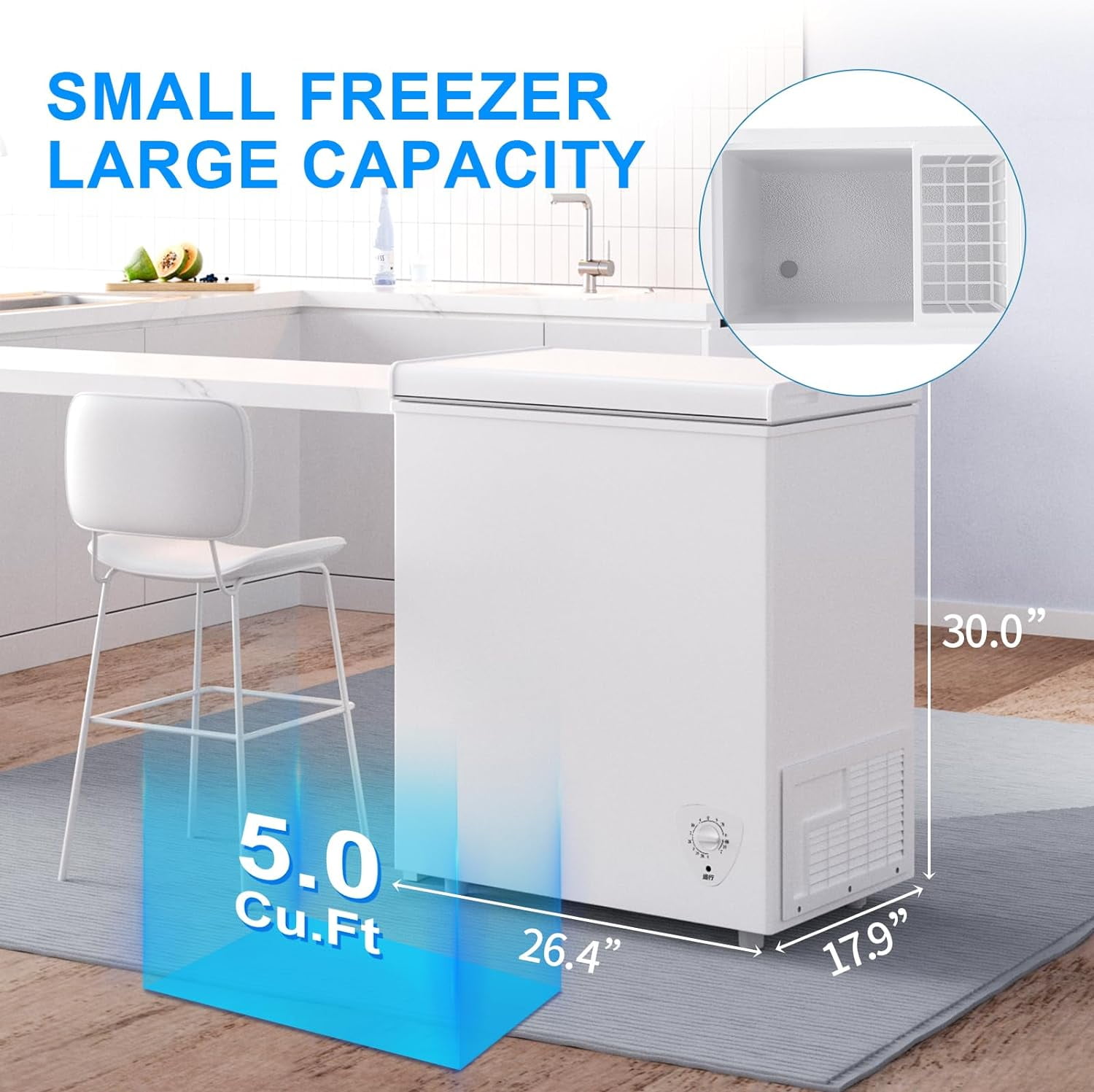 Linor Chest Freezer, 5.0 Cu.Ft Deep Freezer, Freestanding Freezer, Small  Freezer Chest with 7 Level Adjustable Temperature, Top Open Door, Removable  Storage Basket, Low Noise, Energy Saving (Black) 