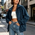 thumbnail image 5 of Atogsazn Women's Oversized Lapel Full Zip Suede Look Jacket Casual Long Sleeve Coat Fall Winter Tops Outerwear Navy XL Fashion, 5 of 9