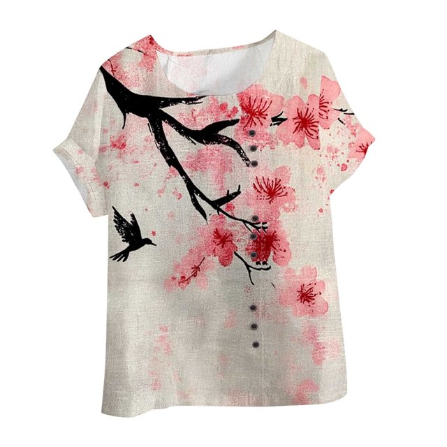 Vestidos Casuales Para Mujer, Blusas De Mujer De Moda Blusa tipo túnica informal de lino con estampado de peces y botones de manga corta para mujer