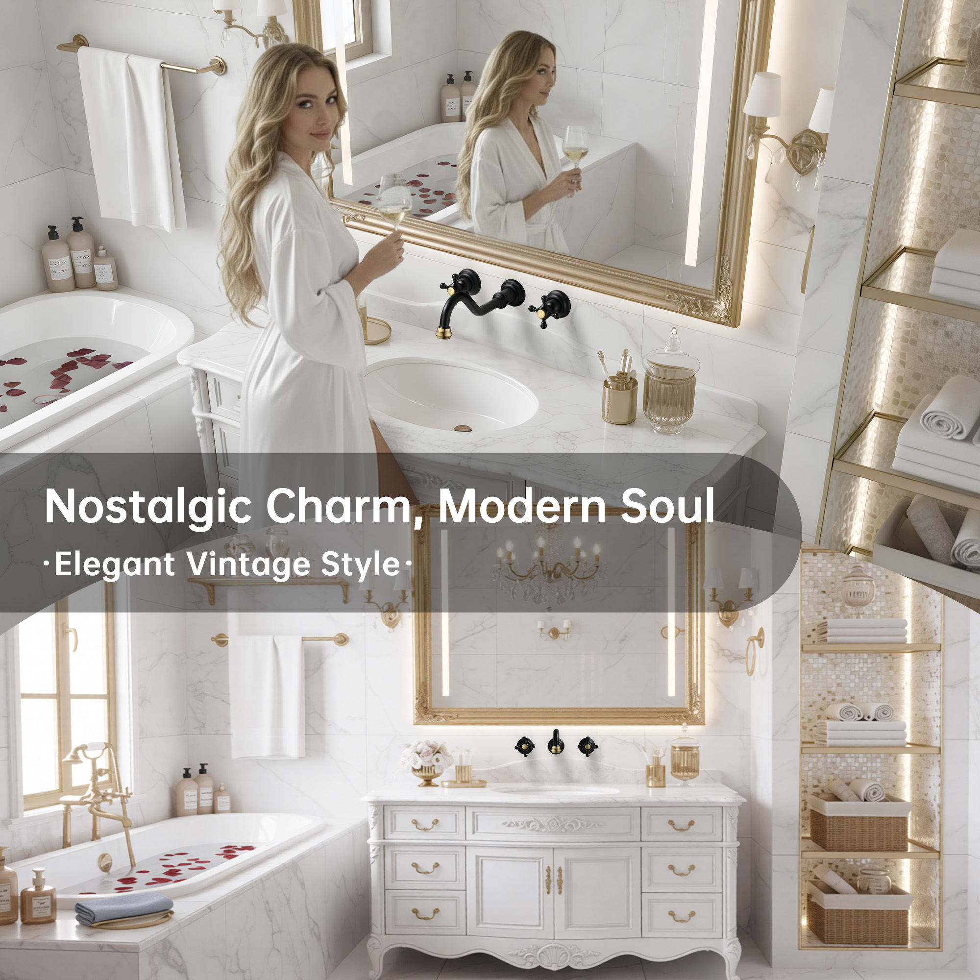 SUMERAIN Classic 3 Holes Wall Mount Bathroom Sink Faucet - Cross Handles Lavatory Basin Sink Faucet with Included Rough-in Valve-Black and Gold