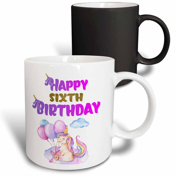 3drose, Cute Unicorn with Balloons Happy Sixth Birthday, 11oz Magic Transforming Mug