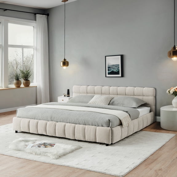 California King Upholstered Platform Bed with Under-Bed Drawers, Chenille Grounded Bed Frame with Soft Headboard