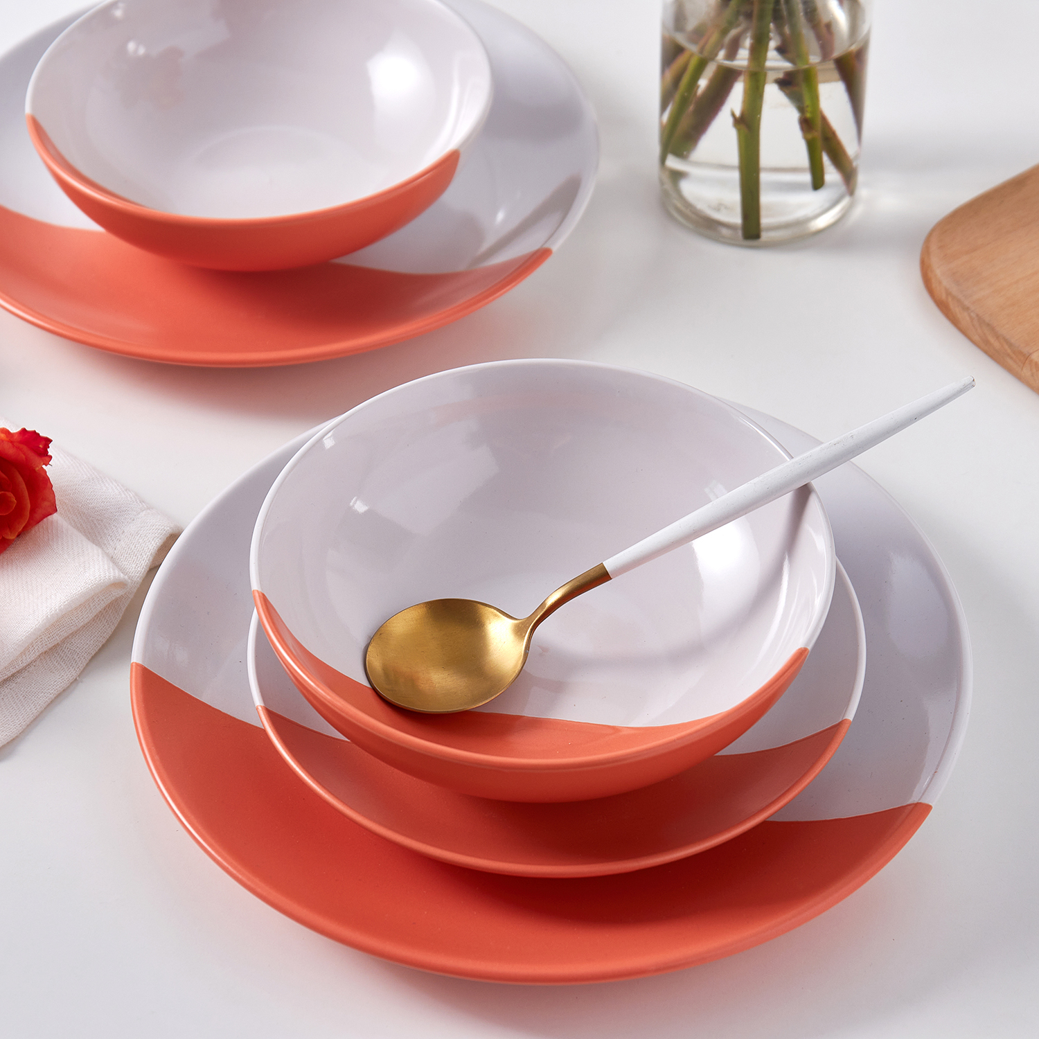 Stone Lain Lizzy Stoneware 12-Piece Round Dinnerware Set, Orange, CB