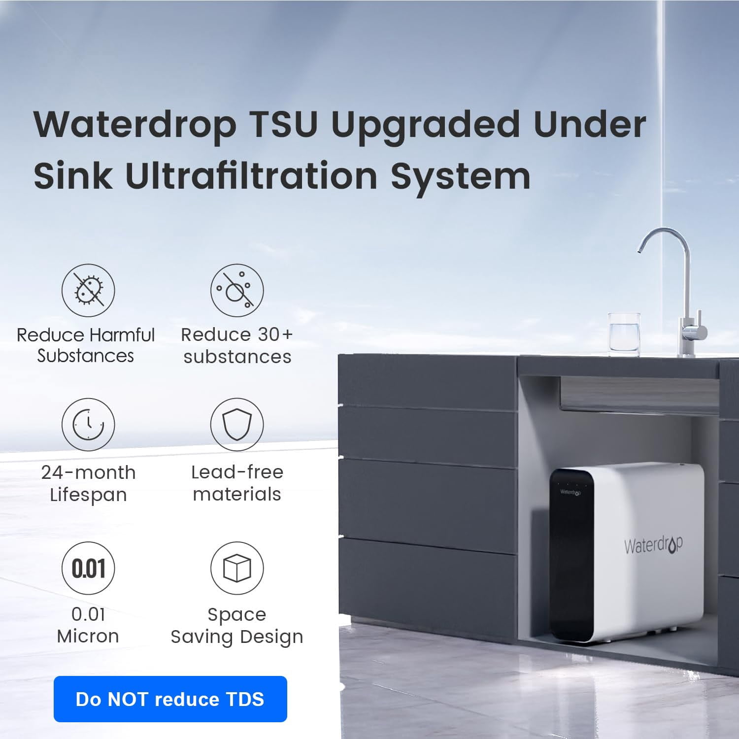 Waterdrop TSU 0.01μm Ultra-Filtration Under Sink Water Filter System, 3-Stage, 2 Years Lifetime