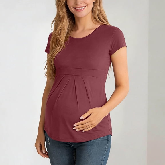 Gamivast Maternity Shirts for Women Scoop Neck Empire Waist Pleated Fit Tops Soft Stretchy Comfortable Short Sleeve Blouse Pregnancy Casual Daily outfits
