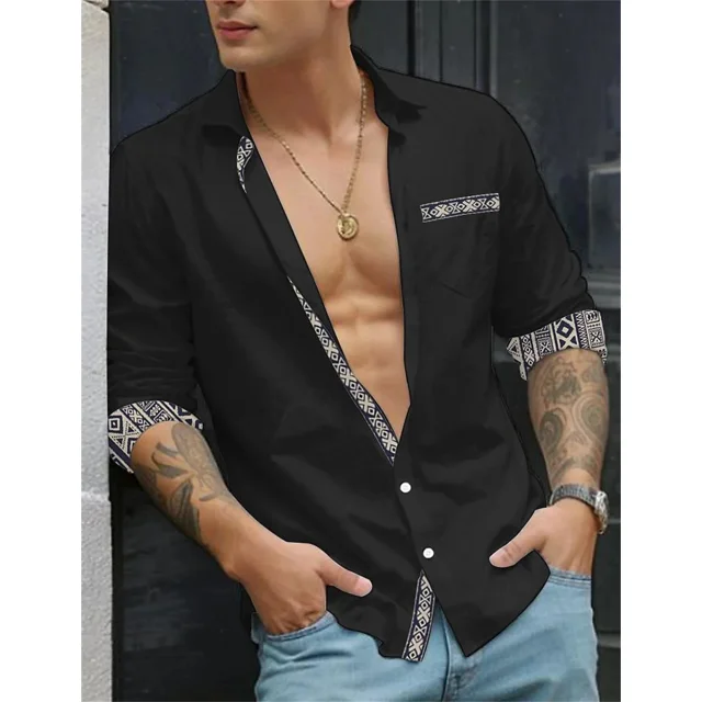 Camisa de hombre nueva moda con solapa de color sólido con estampado de patchwork, camisa de manga larga con botones, ropa informal de calle de alta calidad