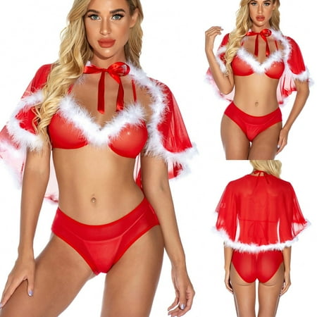 

Kiplyki Discount Womens Pajamas Plus Size 3PC ChristmasUnderwear Lingerie Pajama Bra Cloak Briefs Set S-2XL