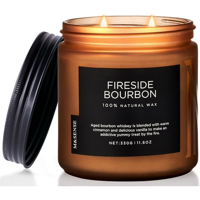 M&SENSE Fireside Bourbon Jar Candle, 11.6oz Clean Soy Wax Candle, Up to 70 Hours Burn Time Smoky Candle, 2 Wick Cotton Scented Candle for Home Decor, Aromatherapy Candle for Bathroom