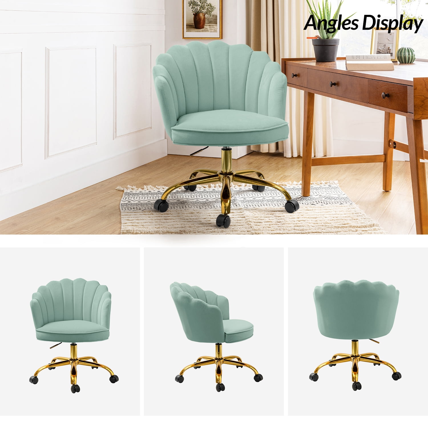 Vanity Makeup Desk Chair Velvet Shell Backrest Home Office Chair Upholstered Swivel Adjustable Gold Metal Base Bedroom Sage