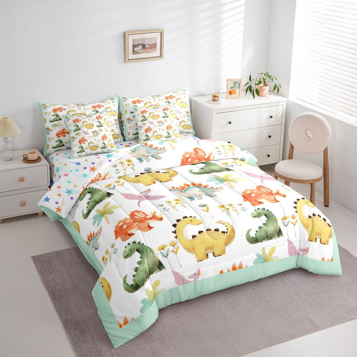 Castle Fairy Boys Girls Kawaii Dinosaurs Bedding Comforter Set 7 Pieces,Colorful Jungle Animal Full Bedding Set Lightweight,Cartoon Flowers Wildlife Fitted Sheet Flat Sheet,Super Cozy Room Decor