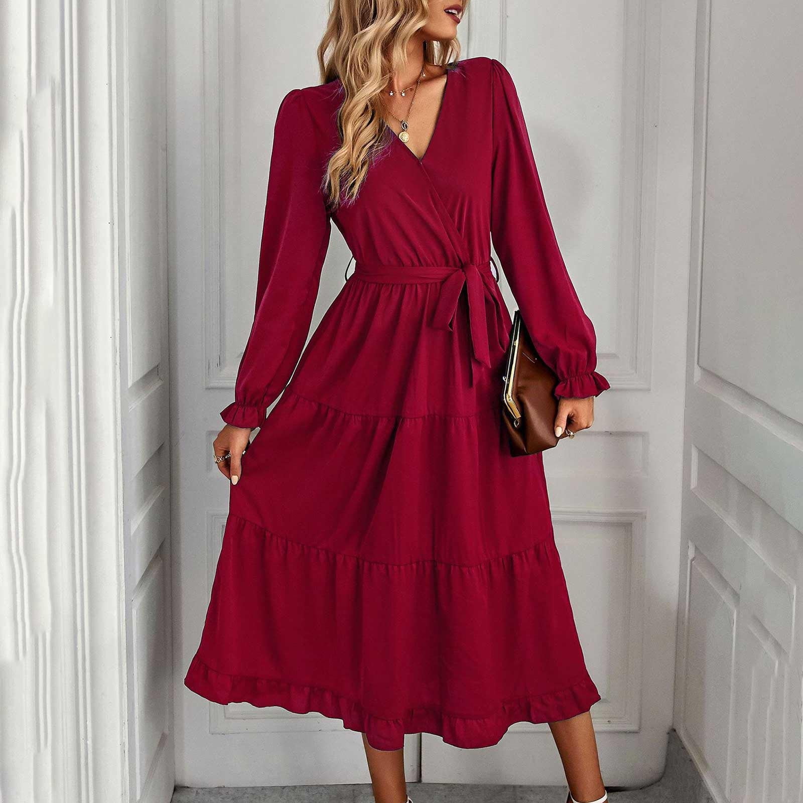 Finelylove Formal Midi Dress Vintage Prom Dress Shirt Dress Long Long  Sleeve Solid Wine XL - Walmart.com