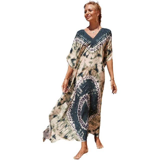 LinYooLi Swimsuit Coverup Women Beach Robe Print Long Blouse Plus Size Bikini Gown Holiday Dress