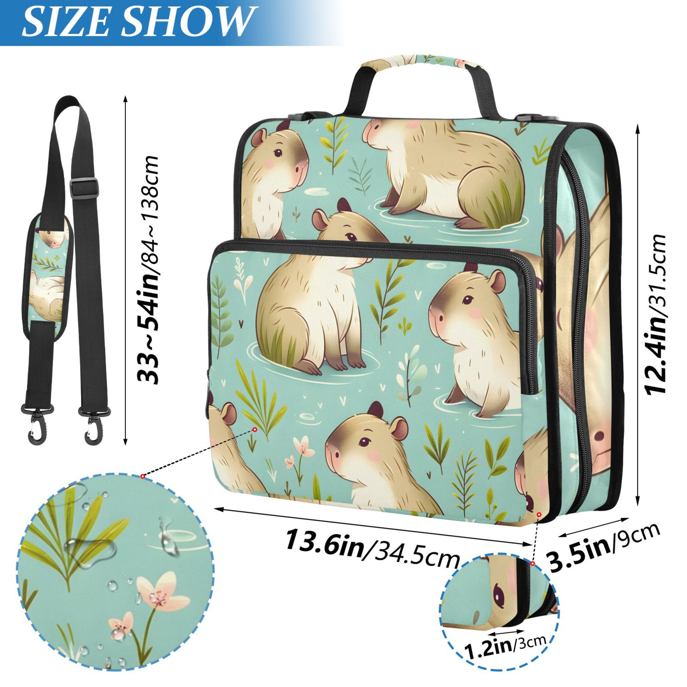 3 Ring Zipper Binder with Shoulder Strap Waterproof Trapper Keeper 2 Inch D-Ring 500 Sheets Capacity Cute Capybara and Leaf
