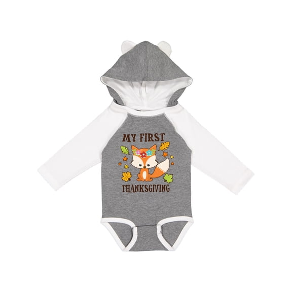 Inktastic My First Thanksgiving with Fall Fox and Leaves Boys or Girls Long Sleeve Baby Bodysuit