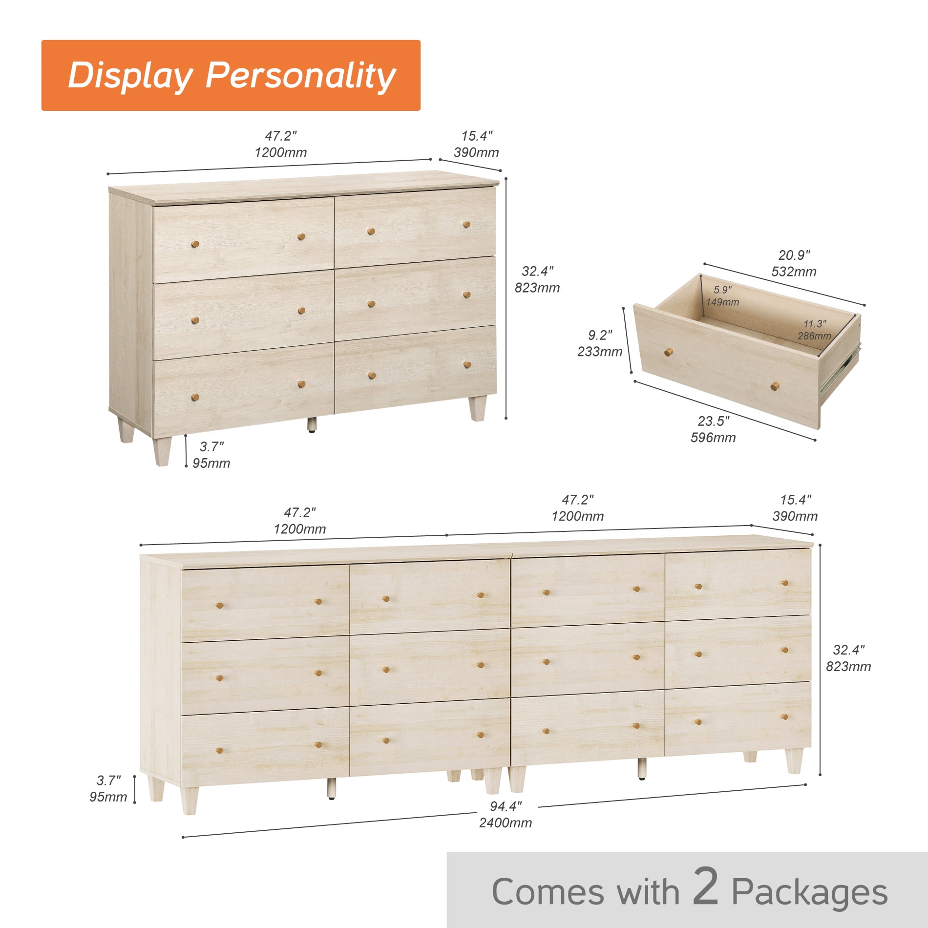 WAMPAT TV Stand Cabinets for 100+ Inches TVs, 2-in-1 Modern Wooden Media Console with 12 Spacious Drawers for Living Room, Light Oak