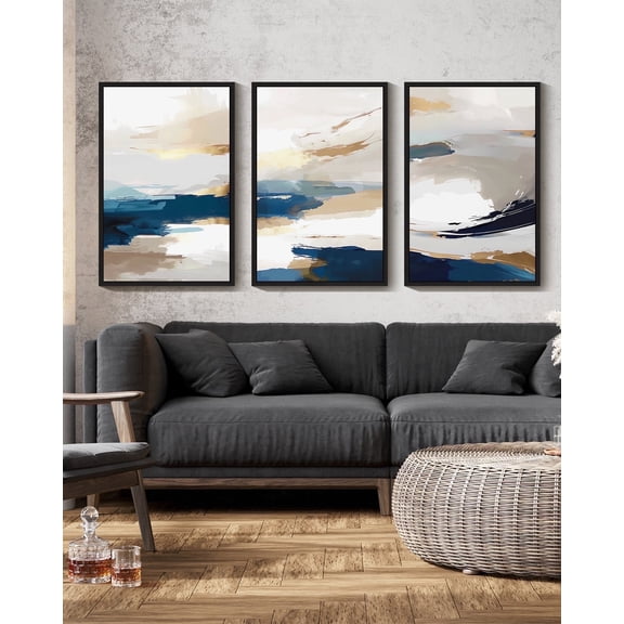 Drsoum Large Blue Abstract Wall Art 24x36in3pcs Black Framed Modern Minimalist Painting Decor Graffiti Artwork