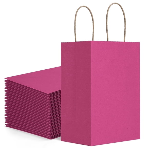 BagDream 100 Pack 5.25x3x8" Small Hot Pink Gift Bags with Handles Kraft Paper Bags for Mother's Day, Party Favor Bags, Baby Showers, Birthdays & Wedding