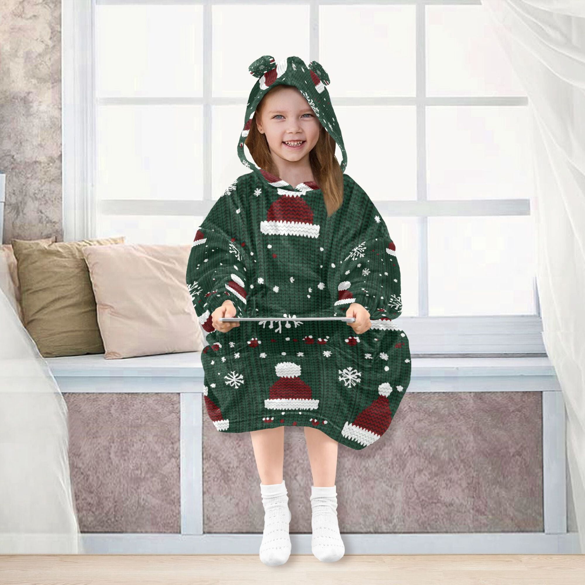 FORMRS Wearable Blanket Hoodie with Sleeves for Kids Cozy Flannel Sweatshirt, Christmas Santa Hats