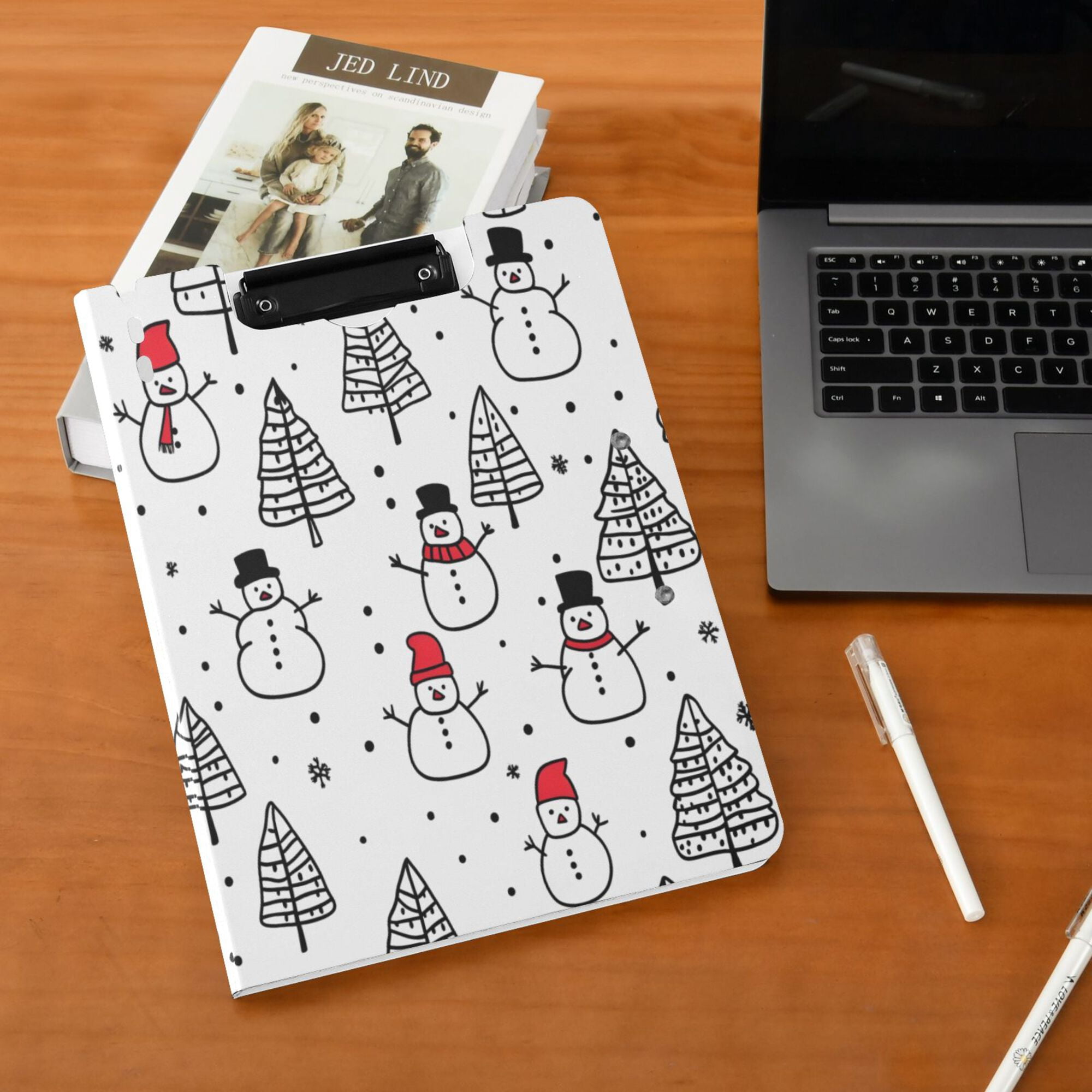 FORMRS A4 Clipboard Folder with Pen Holder Horizontal Foldable School Office Binder, Black Cartoon Snowmen