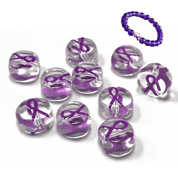 Awareness Ribbon Beads, Pancreatic Epilepsy Cancer Glass Beads for Jewelry Making, 10mm, Purple, 10 Pcs