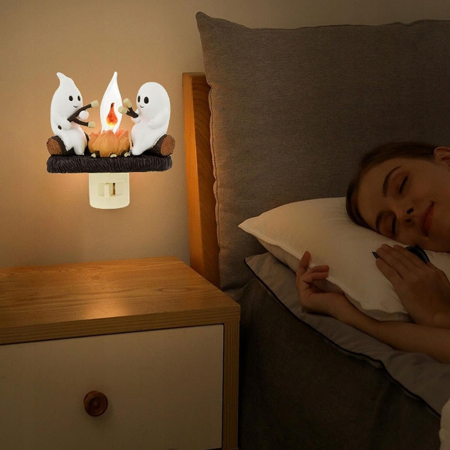 2024 Ghost Campfire Flickering Nightlight, Halloween Night Lights Plug into Wall, 3D Spooky Fire Marshmallow Night Light, Ghost Pumpkin Night Light Dusk Funny Halloween Room Decorations (A-2PC)