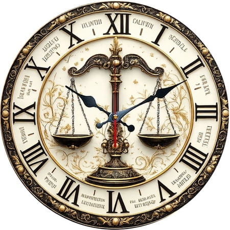 SBEMP10 Inch Silent Wall Clock, Vintage Justice Scale Roman Numeral Decorative Wall Clock, Battery Operated Non-Ticking Round Clock for Living Room Bedroom Lawyer Home Decor
