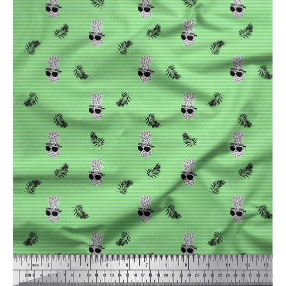 Soimoi Green Rayon Fabric Stripe & Pine Fruits Fabric Prints By Yard 42 Inch Wide