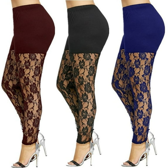 Women's Mesh Lace Patchwork Pantyhose Oversize Full Length Legging High Waist See Through Skinny Pants