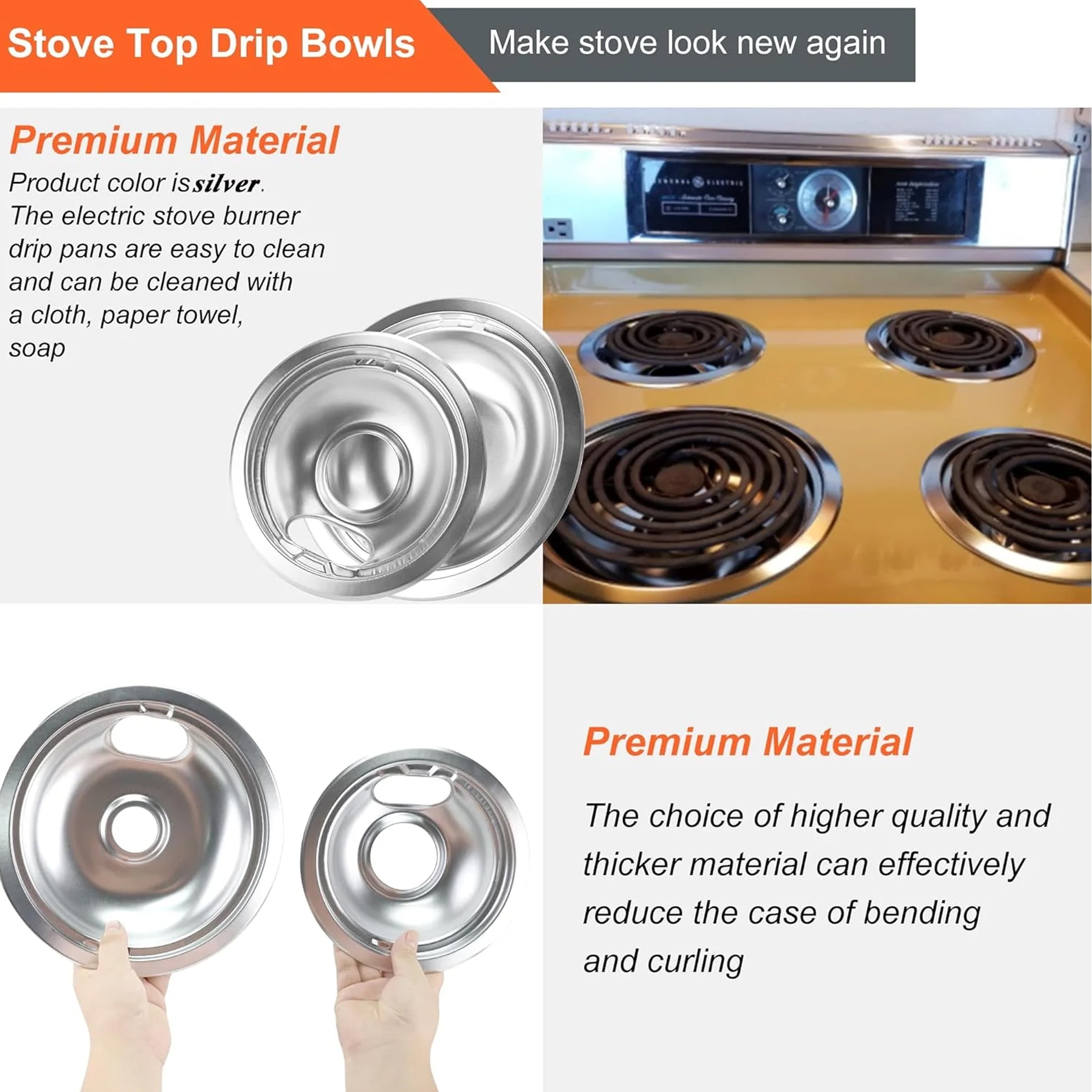 MP22YA Electric Range Burner Element Set & W10290350 W10290353 4 Pack Silver Drip Pans for Whirlpool Electric Range Stove (2 Pcs MP15YA 6" & 2 Pcs MP21YA 8")