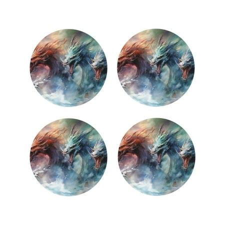 

Fuzoiu Ink Style Wave Dragon Print Leather Coasters Set Drink Coasters Set of 4 for Tabletop Protection Durable PVC Coasters Home Décor and Housewarming Gift-Round Shape