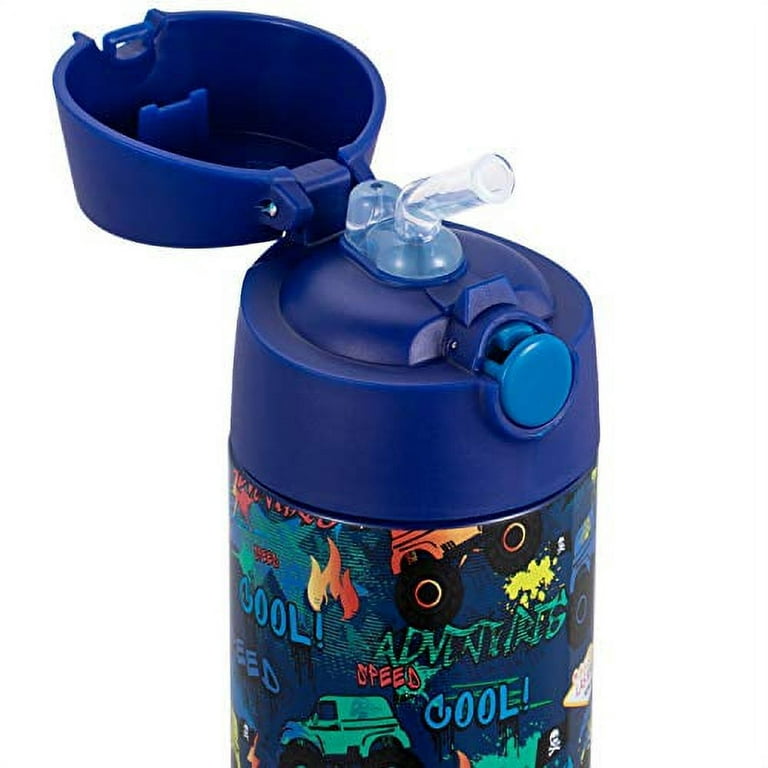Snug Kids Water Bottle Insulated Stainless Steel Thermos w/ Straw (Girls/Boys) Monster Trucks, 17oz