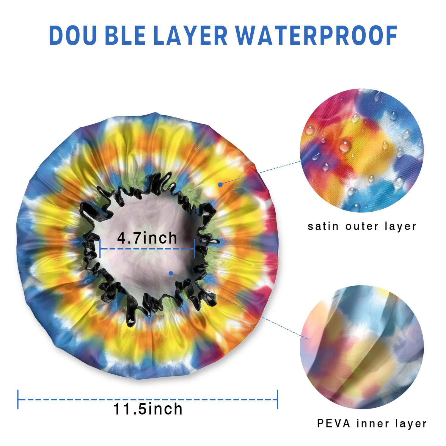 Shower Caps,Colorful Rainbow Tie Dye Spiral Pattern Waterproof Shower Cap for Women 4 Pieces,Double Reusable Hair Cover for Shower PEVA Elastic Stretch Hem