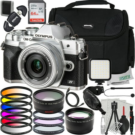 Ultimaxx Advanced Bundle + Olympus OM-D E-M10 Mark IV Mirrorless Camera with 14-42mm EZ Lens (Silver) + SanDisk 64GB Ultra SDXC, LED Light Kit & Much More (32pc Bundle)