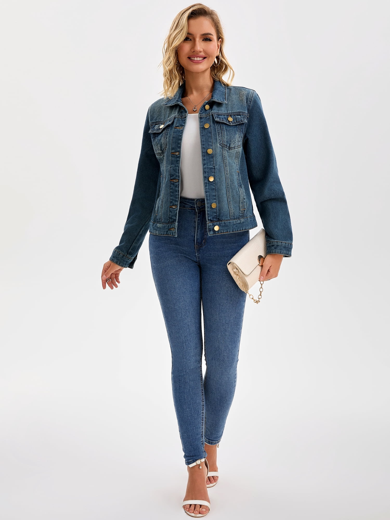DARING DIVA Women's Classic Washed Long Sleeve Denim Jackets With Pockets M Blue