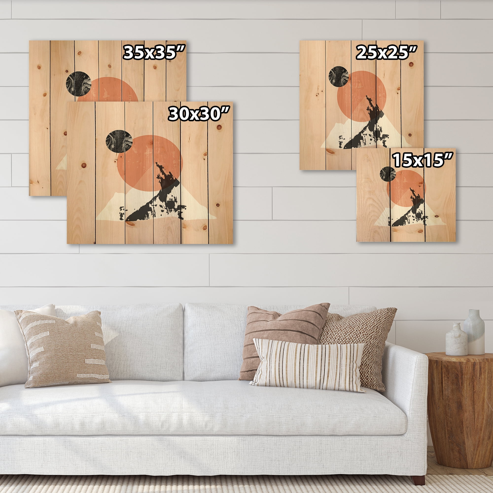 Designart 'Modern Minimalist Mountain Moon and Sun' Modern Print on Natural Pine Wood