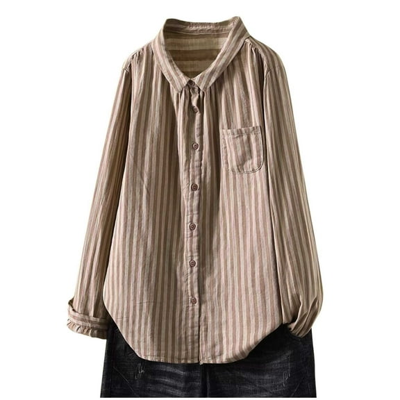 Ousvtion Womens Oversized Button Down Shirts Smocked Cuffed Striped Boyfriend Shirt Comfy Cotton Blouse Long Sleeve Lapel Tops with Pocket Saving,Pink,Medium