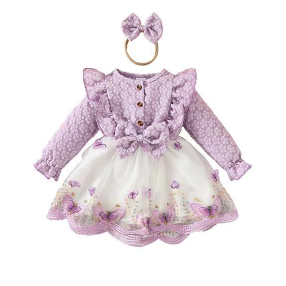 XEGLSBU Girls Dresses 4T Toddler Girls Long Sleeve Ruffles Floral Bowknot Princess Dress Headbands Outfits Girls Dresses Size 5 T Purple Size 6-9 Months