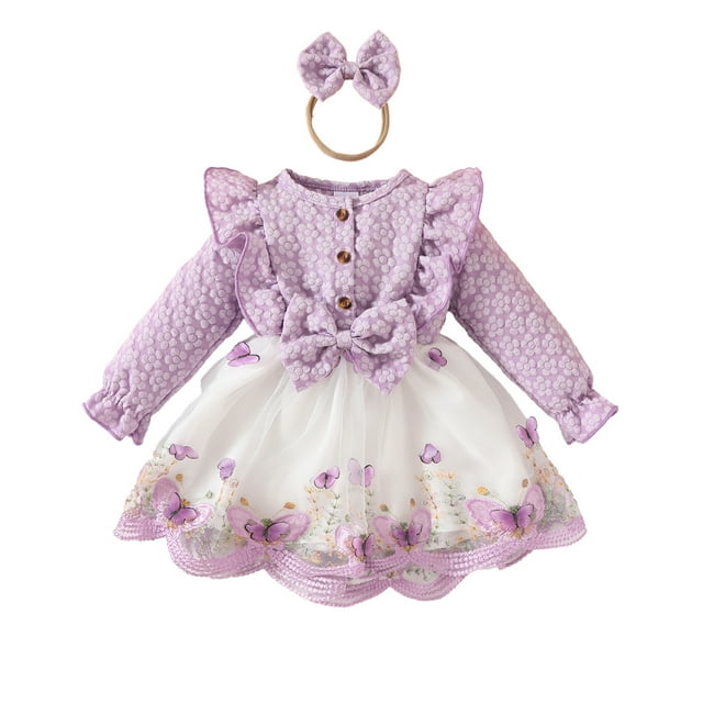 Robes pour Bébé Fille à Volants Manches Longues Robe en Tulle pour Bébé Robes d'Été pour Filles Mode Robes Décontractées Tenues pour Bébé Fille 9-12 Mois