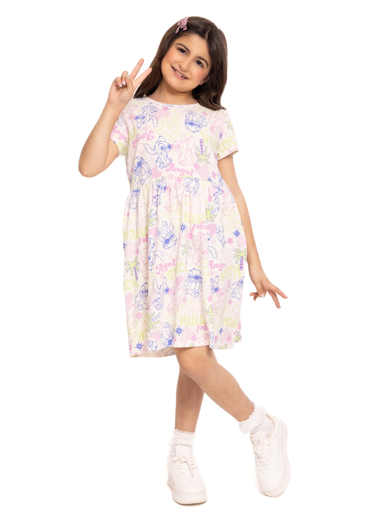 Stitch Girls Allover Print Dress with Short Sleeves, Sizes 4-12
